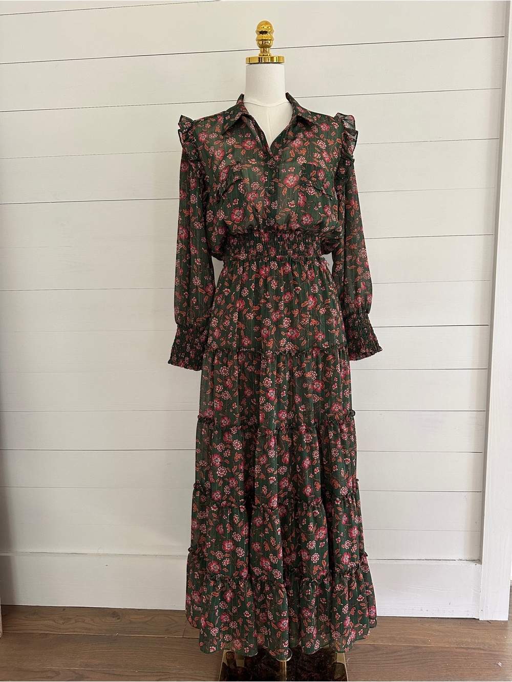 Misa Los Angeles Floral Smocked Waist Maxi Dress - Green with Pink Floral